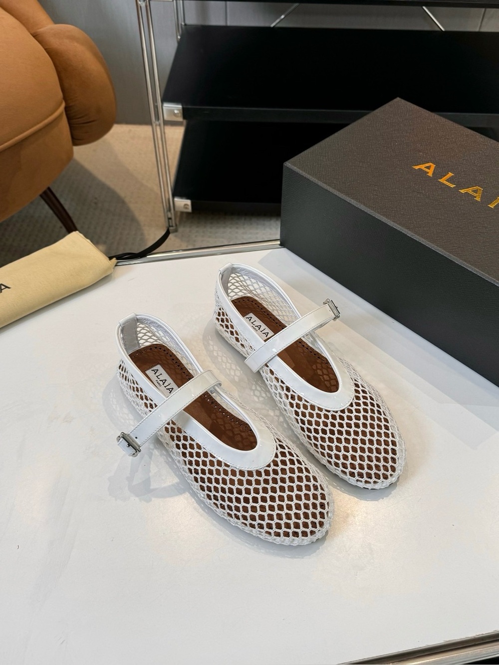 Alaia White Mesh Mary Jane Flats with Leather Trim